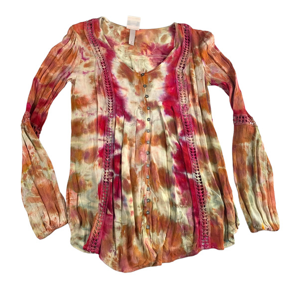 Hand Dyed Knox Rose Long Sleeve Peasant Top Small Tie Dye Pink Orange Flowy - Picture 1 of 8
